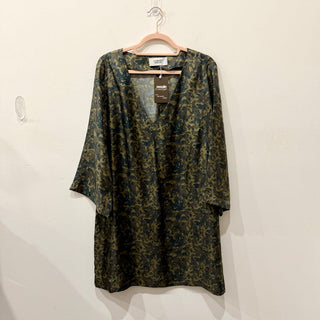 La Prestic Ouiston 100% Silk V-Neck Camo Print Mini Dress Green Women's 3 / L