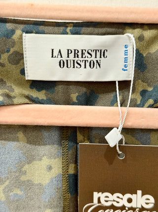 La Prestic Ouiston 100% Silk V-Neck Camo Print Mini Dress Green Women's 3 / L