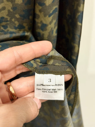 La Prestic Ouiston 100% Silk V-Neck Camo Print Mini Dress Green Women's 3 / L