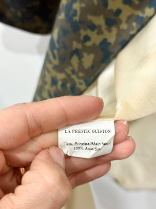 La Prestic Ouiston Mixed Pattern Silk Open Duster Blazer Green/Blue Women's M/L