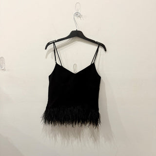 NWT Cinq à Sept Narcissa Ostrich Feather-Trimmed Crêpe Tank Top Black Women's XS