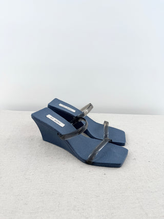 St. Agni Canvas and Rubber Transparent Slides Wedge Sandals Blue White EU 37