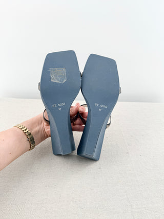 St. Agni Canvas and Rubber Transparent Slides Wedge Sandals Blue White EU 37