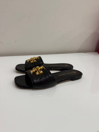 Tory Burch Eleanor Leather Slip On Flat Slide Sandal with Gold Logo Black US 6.5