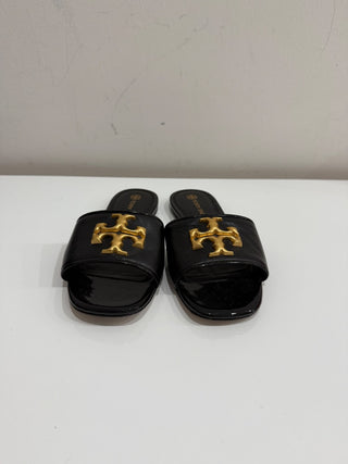 Tory Burch Eleanor Leather Slip On Flat Slide Sandal with Gold Logo Black US 6.5