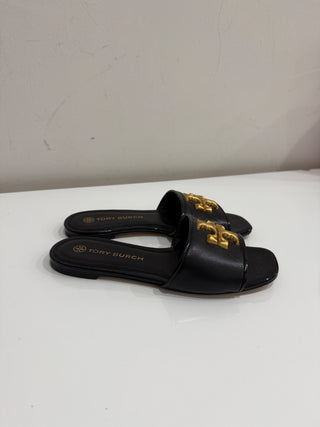 Tory Burch Eleanor Leather Slip On Flat Slide Sandal with Gold Logo Black US 6.5