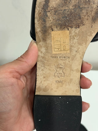 Tory Burch Eleanor Leather Slip On Flat Slide Sandal with Gold Logo Black US 6.5