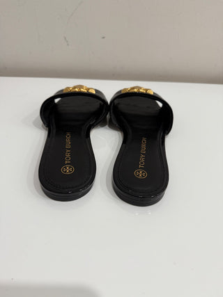Tory Burch Eleanor Leather Slip On Flat Slide Sandal with Gold Logo Black US 6.5