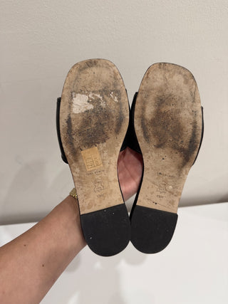 Tory Burch Eleanor Leather Slip On Flat Slide Sandal with Gold Logo Black US 6.5