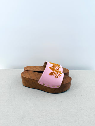 Gucci x Adidas Satin GG Iconic Trefoil Logo Clog Platform Slide Sandals Pink 8.5