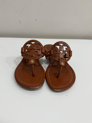 Tory Burch Miller Leather Logo Slip On Flat Thong Sandals Brown Women's US 6.5