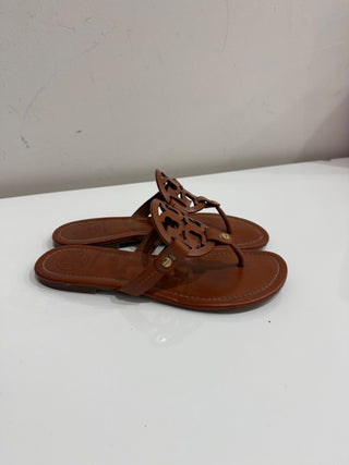 Tory Burch Miller Leather Logo Slip On Flat Thong Sandals Brown Women's US 6.5