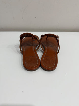 Tory Burch Miller Leather Logo Slip On Flat Thong Sandals Brown Women's US 6.5