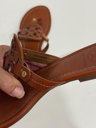 Tory Burch Miller Leather Logo Slip On Flat Thong Sandals Brown Women's US 6.5