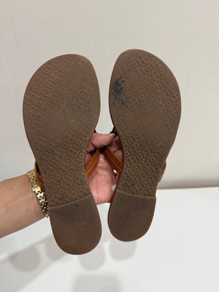 Tory Burch Miller Leather Logo Slip On Flat Thong Sandals Brown Women's US 6.5