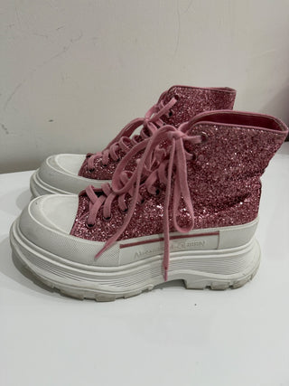 Alexander McQueen Tread Slick Lace-Up Chunky Boots Pink Glitter Women's EU 37