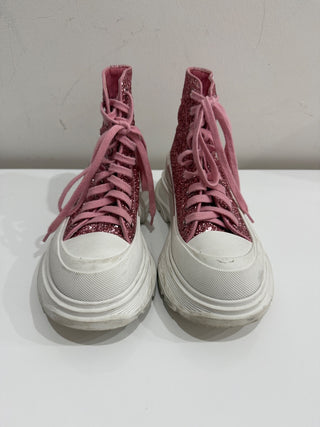 Alexander McQueen Tread Slick Lace-Up Chunky Boots Pink Glitter Women's EU 37