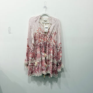 Hemant & Nandita Suki Floral Long Sleeve Tiered Ruffle Mini Dress Pink Womens L