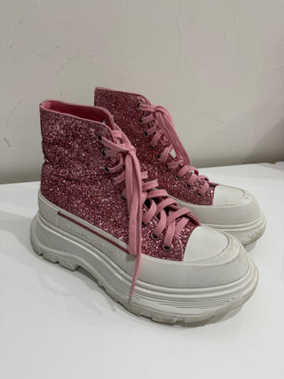 Alexander McQueen Tread Slick Lace-Up Chunky Boots Pink Glitter Women's EU 37