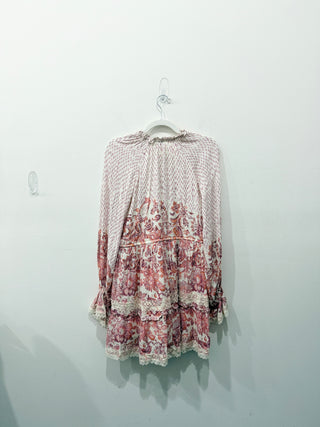Hemant & Nandita Suki Floral Long Sleeve Tiered Ruffle Mini Dress Pink Womens L
