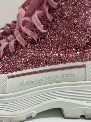Alexander McQueen Tread Slick Lace-Up Chunky Boots Pink Glitter Women's EU 37