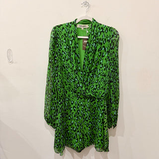 Diane Von Furstenberg Silk Chiffon Leopard Print Short Romper Green/Black Medium