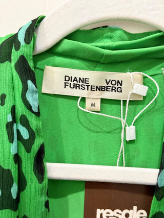 Diane Von Furstenberg Silk Chiffon Leopard Print Short Romper Green/Black Medium