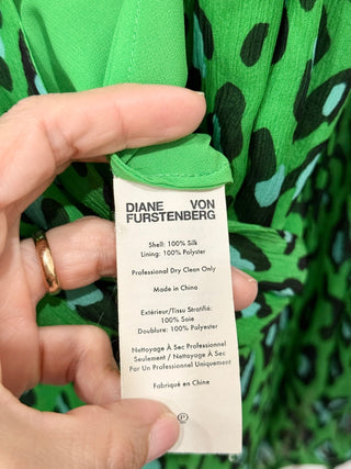 Diane Von Furstenberg Silk Chiffon Leopard Print Short Romper Green/Black Medium