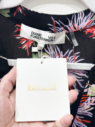 NWT Diane von Furstenberg Erica Floral Chiffon Maxi Dress Black Women's Size 10