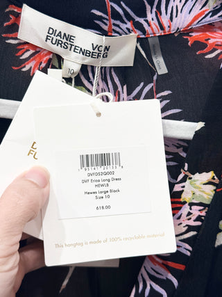 NWT Diane von Furstenberg Erica Floral Chiffon Maxi Dress Black Women's Size 10