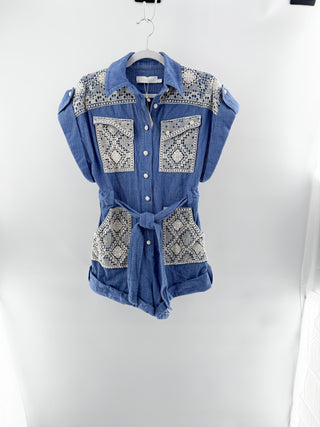 Zimmermann denim romper with crochet details, 0 / XS