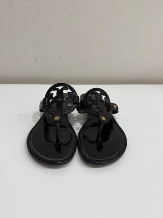 Tory Burch Miller Patent Leather Logo Slip On Flat Thong Sandals Black Women 6.5