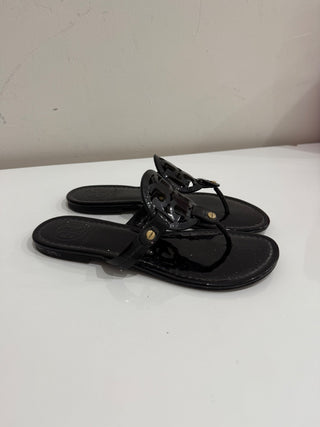 Tory Burch Miller Patent Leather Logo Slip On Flat Thong Sandals Black Women 6.5