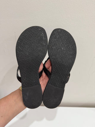 Tory Burch Miller Patent Leather Logo Slip On Flat Thong Sandals Black Women 6.5