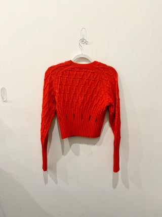 Victoria Beckham Belted Cable-Knit Wool Blend Crop Sweater Orange Womens Size XS
