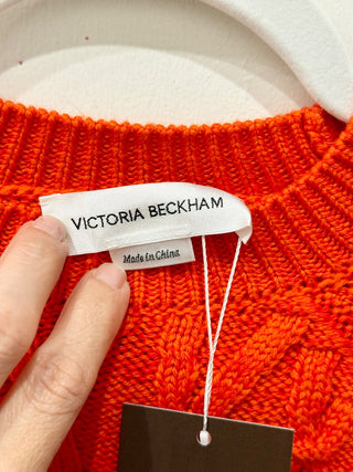 Victoria Beckham Belted Cable-Knit Wool Blend Crop Sweater Orange Womens Size XS