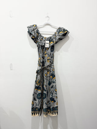 Ulla Johnson Amira Floral Cotton-Poplin Belted Midi A-Line Dress White Blue 6