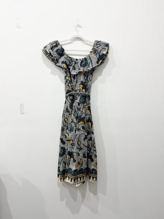 Ulla Johnson Amira Floral Cotton-Poplin Belted Midi A-Line Dress White Blue 6