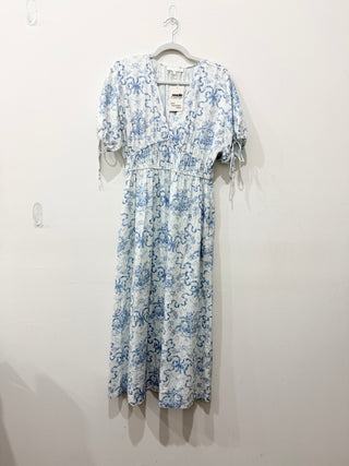 LoveShackFancy Mastey Bow Print Puff Sleeve  V-Neck Midi Dress White Blue Medium
