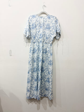 LoveShackFancy Mastey Bow Print Puff Sleeve  V-Neck Midi Dress White Blue Medium