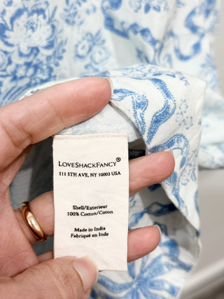 LoveShackFancy Mastey Bow Print Puff Sleeve  V-Neck Midi Dress White Blue Medium