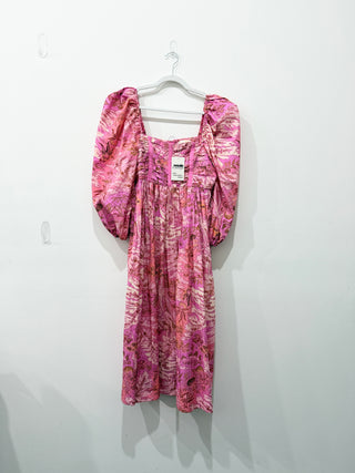 Ulla Johnson Leilani Cotton Puff Sleeve Square Neck A-Line Midi  Dress Pink 8