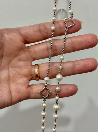 David Yurman Sterling Silver Quatrefoil Pearl Long Chain Necklace