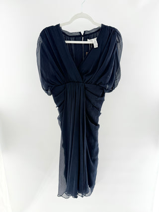 Diane von Furstenberg Silk chiffon mini dress with plunge v-neckline, draped sleeves & ruched front, 8