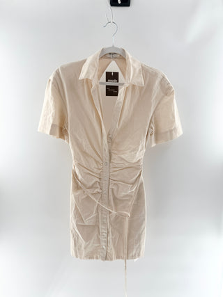 House of CB Linen blend button-front mini shirt dress with ruched waist, tie detail & open back, S