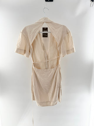 House of CB Linen blend button-front mini shirt dress with ruched waist, tie detail & open back, S