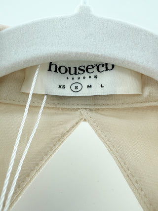 House of CB Linen blend button-front mini shirt dress with ruched waist, tie detail & open back, S
