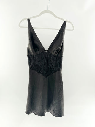Meshki Satin mini dress with deep vneck & lace corset bodice, s