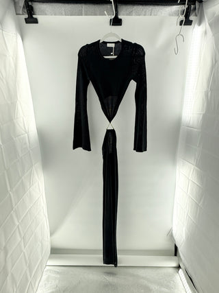 Meshki Knit maxi dress with flared sleeves, waist cutout & gold tone hardware, xxs