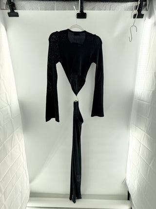 Meshki Knit maxi dress with flared sleeves, waist cutout & gold tone hardware, xxs